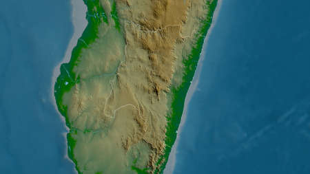 Fianarantsoa, autonomous province of Madagascar. Colored shader data with lakes and rivers. Shape outlined against its country area. 3D renderingの写真素材