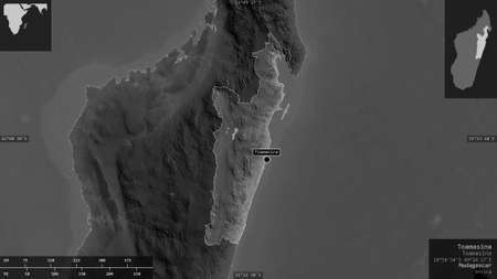 Toamasina, autonomous province of Madagascar. Grayscaled map with lakes and rivers. Shape presented...