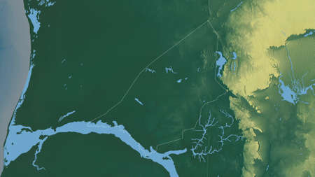 Brakna, region of Mauritania. Colored relief with lakes and rivers. Shape outlined against its...