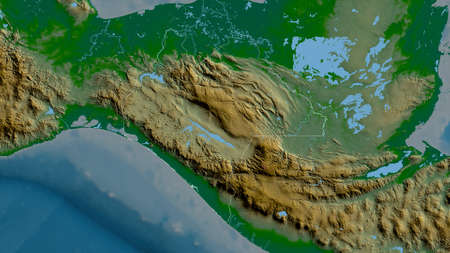 Chiapas, state of Mexico. Colored shader data with lakes and rivers. Shape outlined against its country area. 3D renderingの写真素材