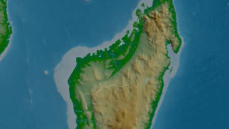 Mahajanga, autonomous province of Madagascar. Colored shader data with lakes and rivers. Shape outlined against its country area. 3D renderingの写真素材