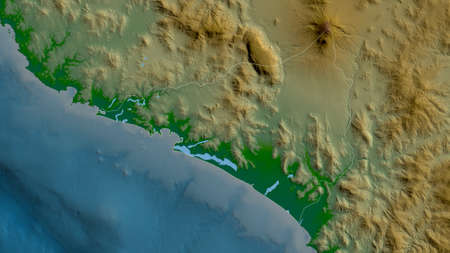 Colima, state of Mexico. Colored shader data with lakes and rivers. Shape outlined against its country area. 3D renderingの写真素材