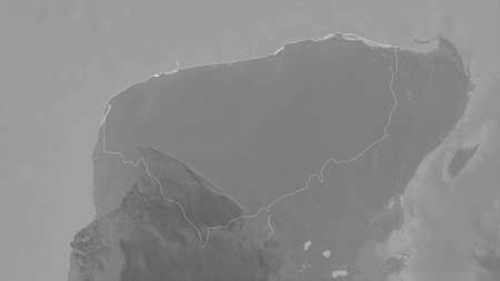 YucatÃ¡n, state of Mexico. Grayscaled map with lakes and rivers. Shape outlined against its...