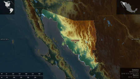 Sonora, state of Mexico. Colored relief with lakes and rivers. Shape presented against its country...