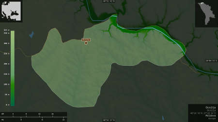 OcniÅ£a, district of Moldova. Colored shader data with lakes and rivers. Shape presented against...