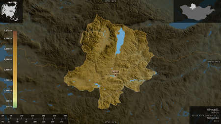 Hobsgol, province of Mongolia. Colored shader data with lakes and rivers. Shape presented against its country area with informative overlays. 3D renderingの写真素材