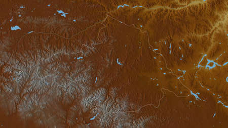 Arhangay, province of Mongolia. Colored relief with lakes and rivers. Shape outlined against its...