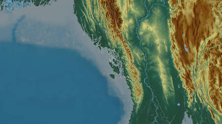 Rakhine, state of Myanmar. Colored relief with lakes and rivers. Shape outlined against its country area. 3D renderingの写真素材