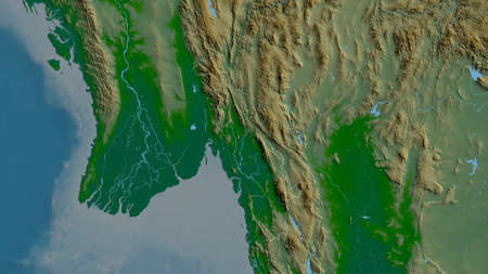 Kayin, state of Myanmar. Colored shader data with lakes and rivers. Shape outlined against its country area. 3D renderingの写真素材
