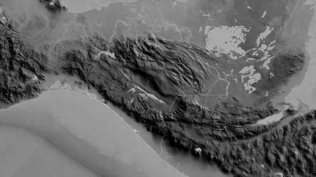 Chiapas, state of Mexico. Grayscaled map with lakes and rivers. Shape outlined against its country area. 3D renderingの写真素材