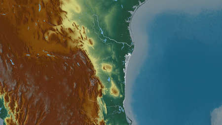 Tamaulipas, state of Mexico. Colored relief with lakes and rivers. Shape outlined against its...