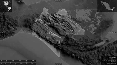 Chiapas, state of Mexico. Grayscaled map with lakes and rivers. Shape presented against its country area with informative overlays. 3D renderingの写真素材