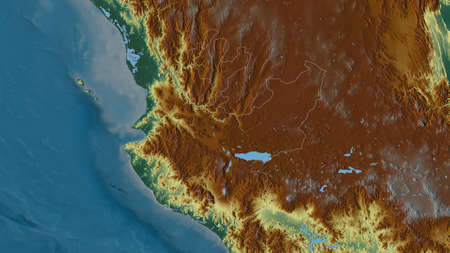 Jalisco, state of Mexico. Colored relief with lakes and rivers. Shape outlined against its country area. 3D renderingの写真素材