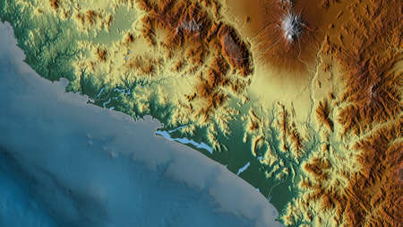 Colima, state of Mexico. Colored relief with lakes and rivers. Shape outlined against its country...