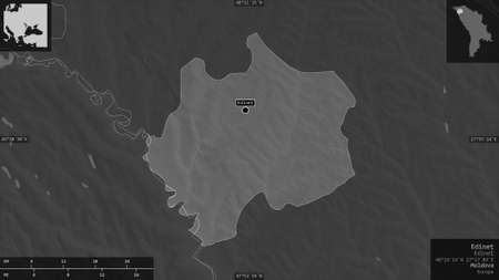 EdineÅ£, district of Moldova. Grayscaled map with lakes and rivers. Shape presented against its...
