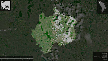 EdineÅ£, district of Moldova. Satellite imagery. Shape presented against its country area with...