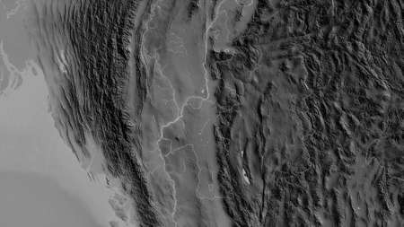 Mandalay, division of Myanmar. Grayscaled map with lakes and rivers. Shape outlined against its...
