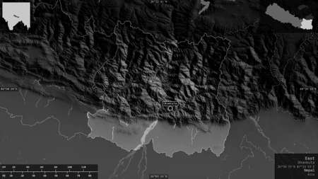 East, development region of Nepal. Grayscaled map with lakes and rivers. Shape presented against its...