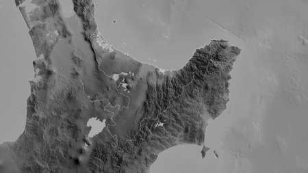 Bay of Plenty, regional council of New Zealand. Grayscaled map with lakes and rivers. Shape outlined...