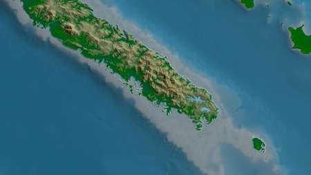 Sud, province of New Caledonia. Colored shader data with lakes and rivers. Shape outlined against its country area. 3D renderingの写真素材