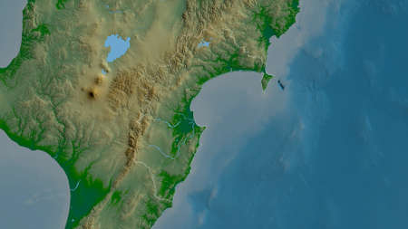 Hawke's Bay, regional council of New Zealand. Colored shader data with lakes and rivers. Shape outlined against its country area. 3D renderingの写真素材