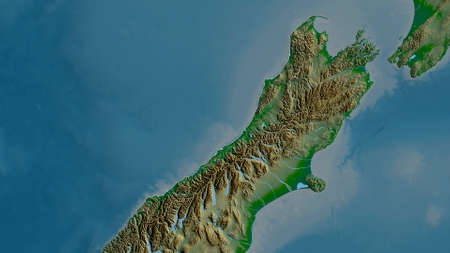 West Coast, regional council of New Zealand. Colored shader data with lakes and rivers. Shape outlined against its country area. 3D renderingの写真素材