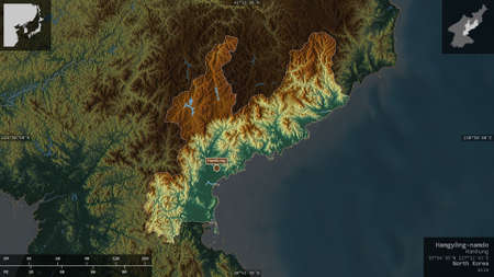HamgyÅng-namdo, province of North Korea. Colored relief with lakes and rivers. Shape presented...