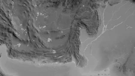 Baluchistan, province of Pakistan. Grayscaled map with lakes and rivers. Shape outlined against its country area. 3D renderingの写真素材