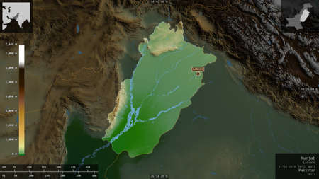 Punjab, province of Pakistan. Colored shader data with lakes and rivers. Shape presented against its...