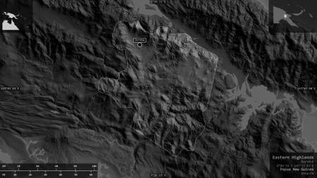 Eastern Highlands, province of Papua New Guinea. Grayscaled map with lakes and rivers. Shape...