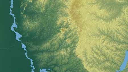 Amambay, department of Paraguay. Colored relief with lakes and rivers. Shape outlined against its...