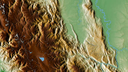 Pasco, region of Peru. Colored shader data with lakes and rivers. Shape outlined against its country...