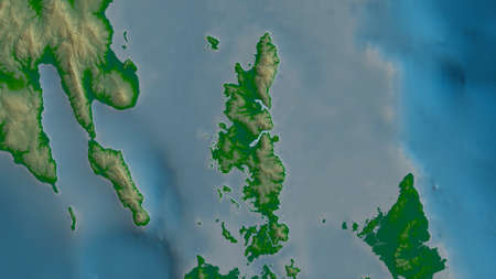 Dinagat Islands, province of Philippines. Colored shader data with lakes and rivers. Shape outlined against its country area. 3D renderingの写真素材