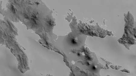 Camarines Sur, province of Philippines. Grayscaled map with lakes and rivers. Shape outlined against...
