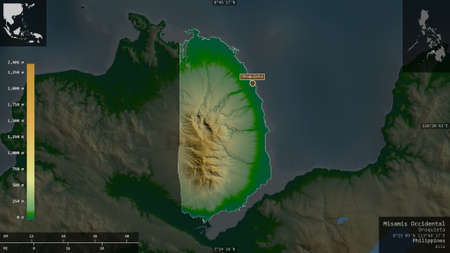 Misamis Occidental, province of Philippines. Colored shader data with lakes and rivers. Shape...