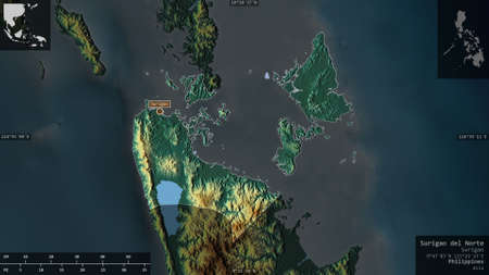 Surigao del Norte, province of Philippines. Colored relief with lakes and rivers. Shape presented against its country area with informative overlays. 3D renderingの写真素材