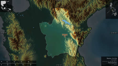Nueva Ecija, province of Philippines. Colored relief with lakes and rivers. Shape presented against...