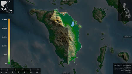 Oriental Mindoro, province of Philippines. Colored shader data with lakes and rivers. Shape...