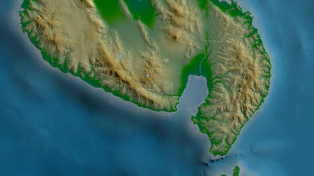 Sarangani, province of Philippines. Colored shader data with lakes and rivers. Shape outlined...