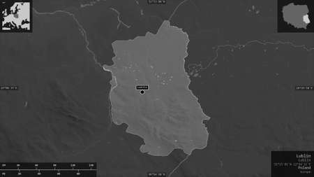 Lublin, voivodeship of Poland. Grayscaled map with lakes and rivers. Shape presented against its...