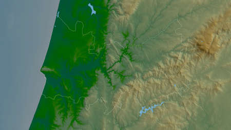 Coimbra, district of Portugal. Colored shader data with lakes and rivers. Shape outlined against its...