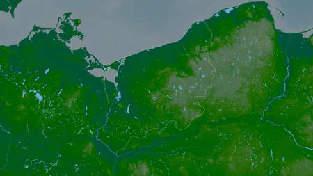 West Pomeranian, voivodeship of Poland. Colored shader data with lakes and rivers. Shape outlined...