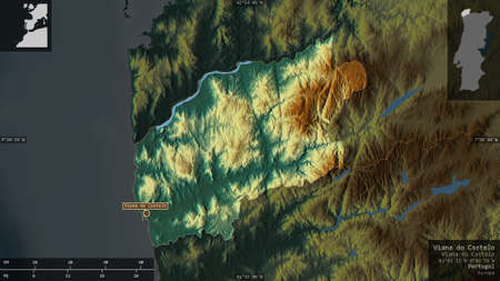 Viana do Castelo, district of Portugal. Colored relief with lakes and rivers. Shape presented...