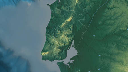 Lisboa, district of Portugal. Colored relief with lakes and rivers. Shape outlined against its country area. 3D renderingの写真素材