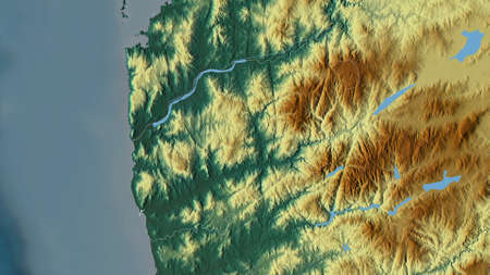 Viana do Castelo, district of Portugal. Colored relief with lakes and rivers. Shape outlined against...