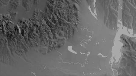 BuzÄƒu, county of Romania. Grayscaled map with lakes and rivers. Shape outlined against its...