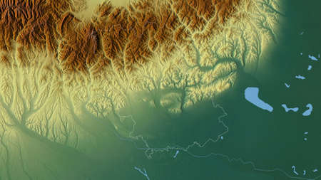 Prahova, county of Romania. Colored relief with lakes and rivers. Shape outlined against its country...