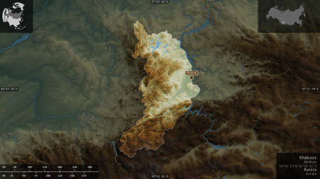 Khakass, republic of Russia. Colored relief with lakes and rivers. Shape presented against its...