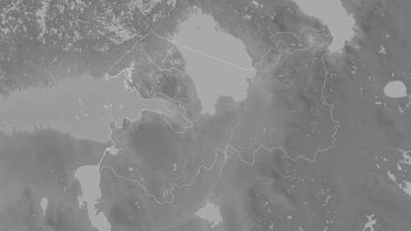 Leningrad, region of Russia. Grayscaled map with lakes and rivers. Shape outlined against its country area. 3D renderingの写真素材