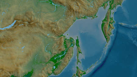 Khabarovsk, territory of Russia. Colored shader data with lakes and rivers. Shape outlined against its country area. 3D renderingの写真素材